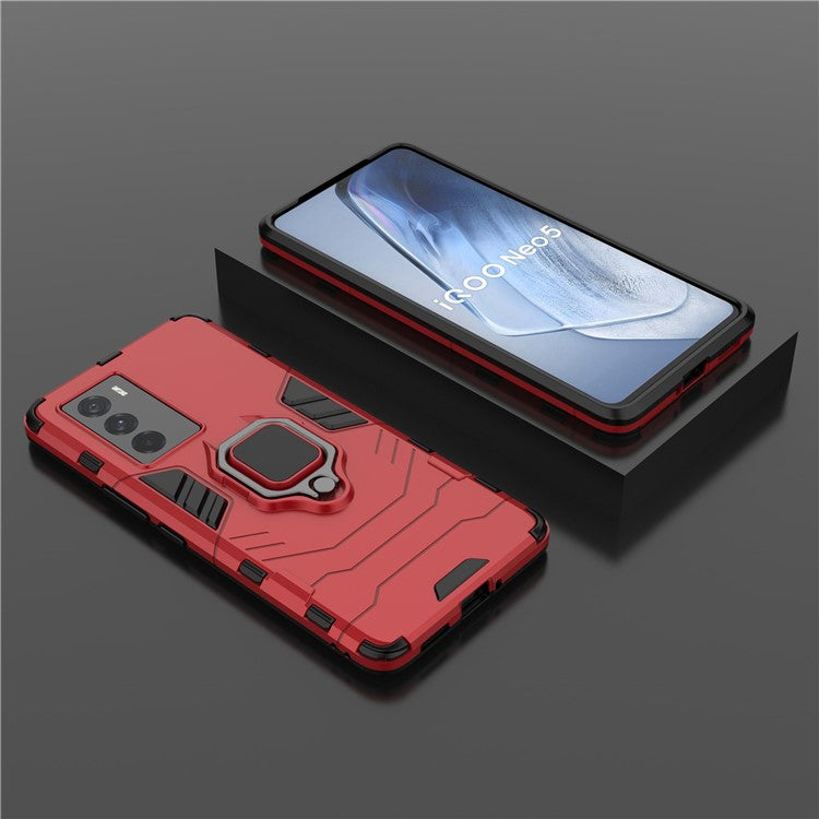 For vivo iQOO Neo5 S Ring Kickstand Hard PC+ Soft TPU Phone Case Heavy Duty Shockproof Protective Cover - Red