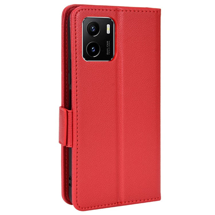 For vivo Y15s/Y15a/Y10/T1/Y01/iQOO U5x Shockproof PU Leather Surface Magnetic Smartphone Shell Litchi Texture Stand Wallet Case Mobile Phone Cover  - Red