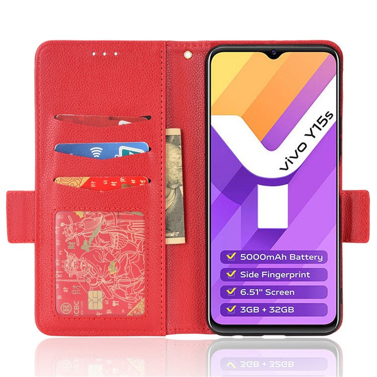 For vivo Y15s/Y15a/Y10/T1/Y01/iQOO U5x Shockproof PU Leather Surface Magnetic Smartphone Shell Litchi Texture Stand Wallet Case Mobile Phone Cover  - Red