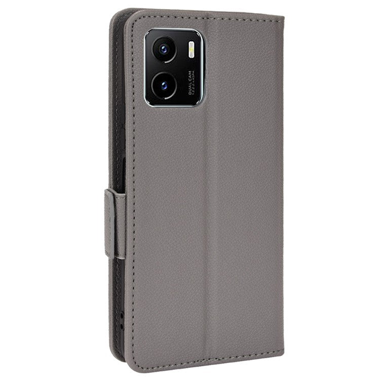 For vivo Y15s/Y15a/Y10/T1/Y01/iQOO U5x Shockproof PU Leather Surface Magnetic Smartphone Shell Litchi Texture Stand Wallet Case Mobile Phone Cover  - Grey