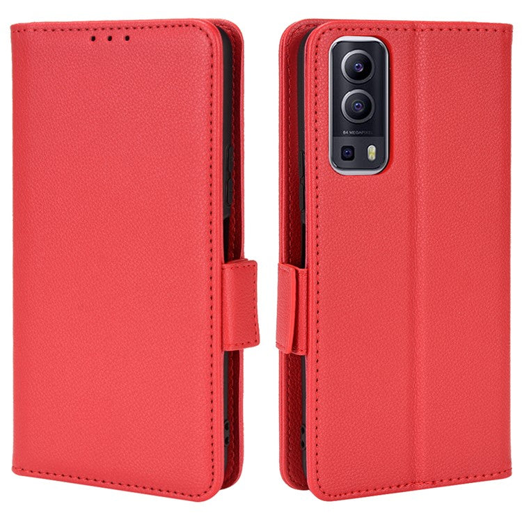 For vivo Y72 5G (Global Version) / Y52 5G / Y53s 5G / iQOO Z3 5G / T1x / iQOO Z5x Magnetic Wallet Case Litchi Texture PU Leather Stand Shockproof Cover - Red