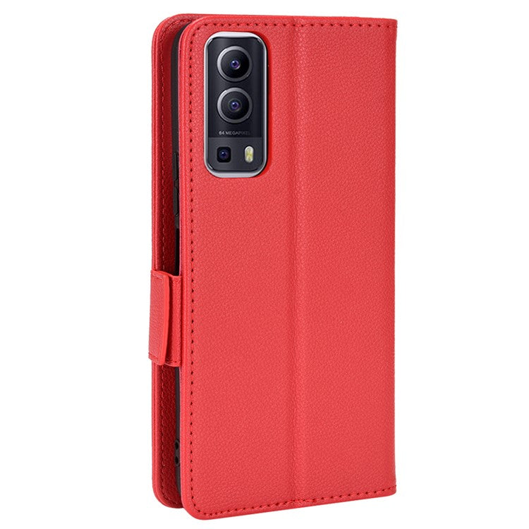 For vivo Y72 5G (Global Version) / Y52 5G / Y53s 5G / iQOO Z3 5G / T1x / iQOO Z5x Magnetic Wallet Case Litchi Texture PU Leather Stand Shockproof Cover - Red