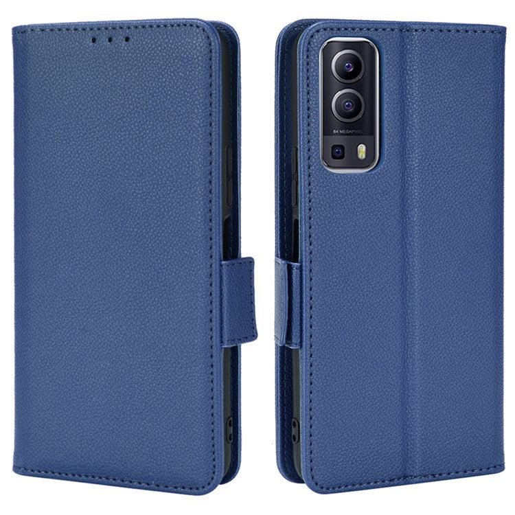 For vivo Y72 5G (Global Version) / Y52 5G / Y53s 5G / iQOO Z3 5G / T1x / iQOO Z5x Magnetic Wallet Case Litchi Texture PU Leather Stand Shockproof Cover - Dark Blue