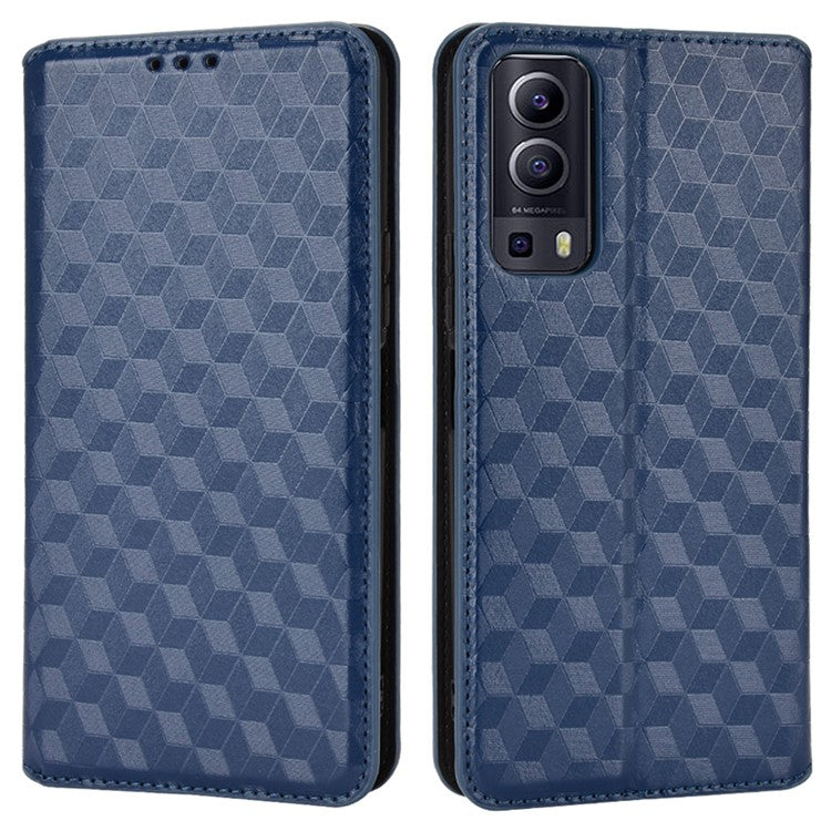 For vivo Y72 5G (Global)/Y52 5G/Y53s 5G/iQOO Z3 5G/T1X/iQOO Z5x 3D Rhombus Imprinted Phone Cover Wallet Stand Folio Flip Leather Case - Blue