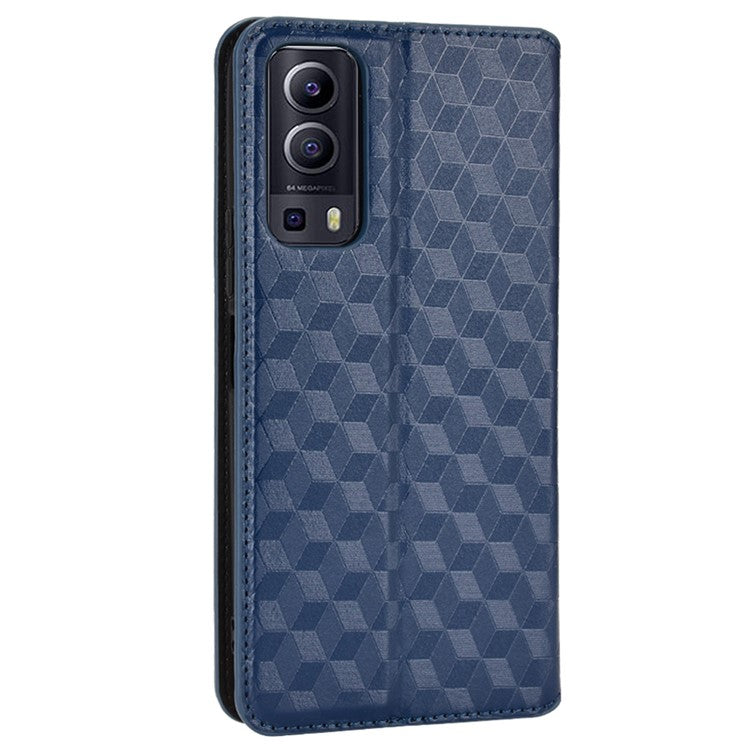 For vivo Y72 5G (Global)/Y52 5G/Y53s 5G/iQOO Z3 5G/T1X/iQOO Z5x 3D Rhombus Imprinted Phone Cover Wallet Stand Folio Flip Leather Case - Blue