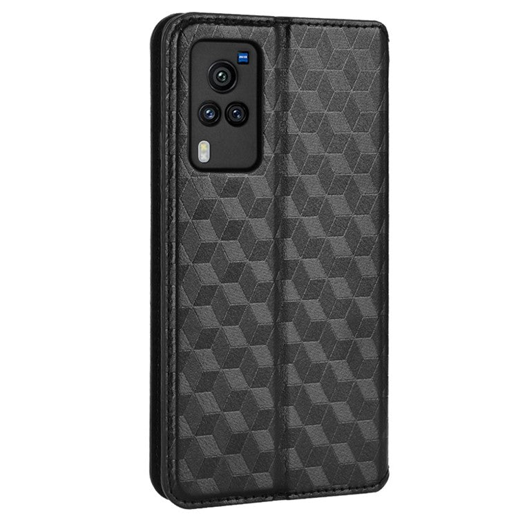 For vivo X60 Pro 5G (Global)/X60 5G 3D Rhombus Imprinted PU Leather Case Wallet Stand Protective Phone Cover - Black