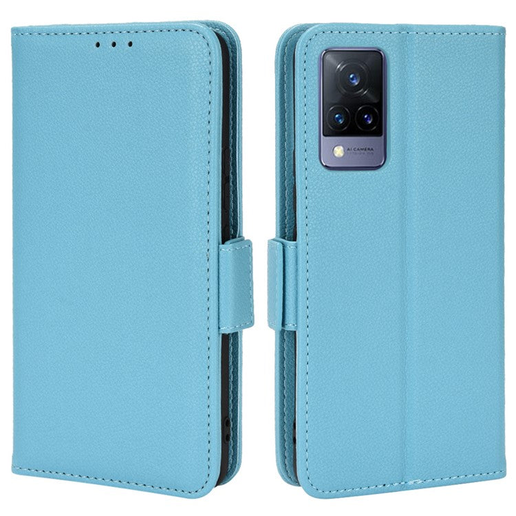 For vivo V21 4G/V21 5G Side Magnetic Clasp Litchi Texture Leather Case Phone Wallet Stand Design Receiver Cutout Protective Case - Baby Blue