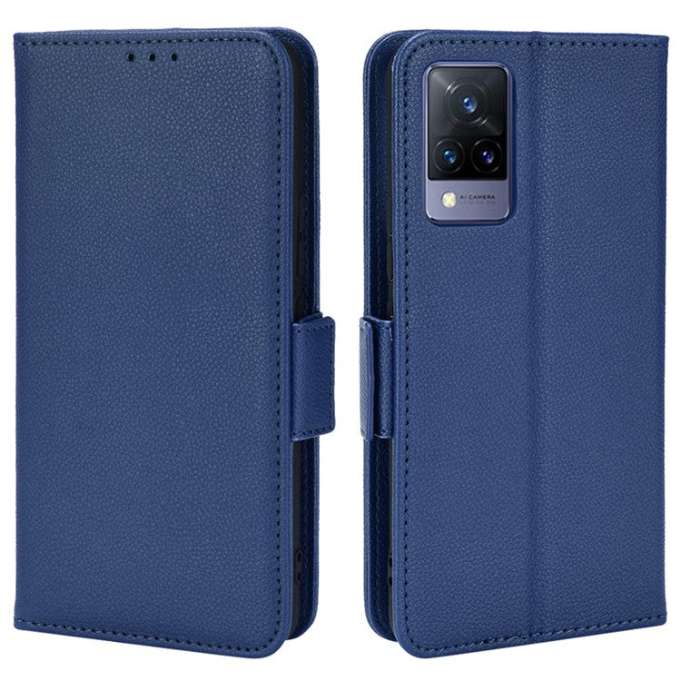 For vivo V21 4G/V21 5G Side Magnetic Clasp Litchi Texture Leather Case Phone Wallet Stand Design Receiver Cutout Protective Case - Dark Blue