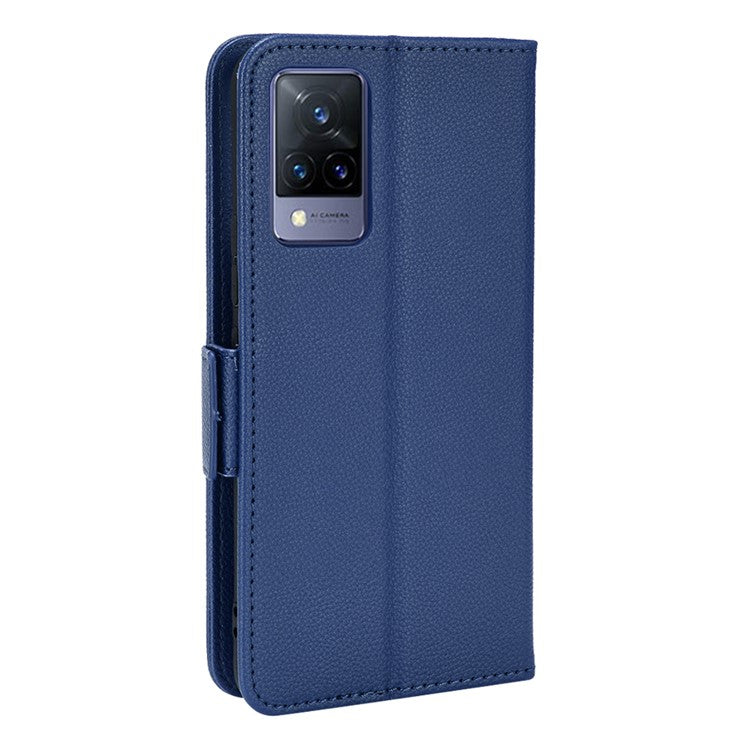 For vivo V21 4G/V21 5G Side Magnetic Clasp Litchi Texture Leather Case Phone Wallet Stand Design Receiver Cutout Protective Case - Dark Blue