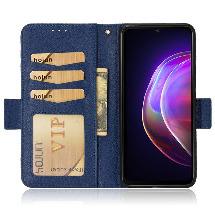 For vivo V21 4G/V21 5G Side Magnetic Clasp Litchi Texture Leather Case Phone Wallet Stand Design Receiver Cutout Protective Case - Dark Blue