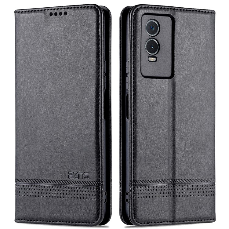 AZNS Auto-absorbed Magnetic Leather Phone for vivo Y74s/Y76s, Folio Flip Wallet Stand Protective Shell - Black