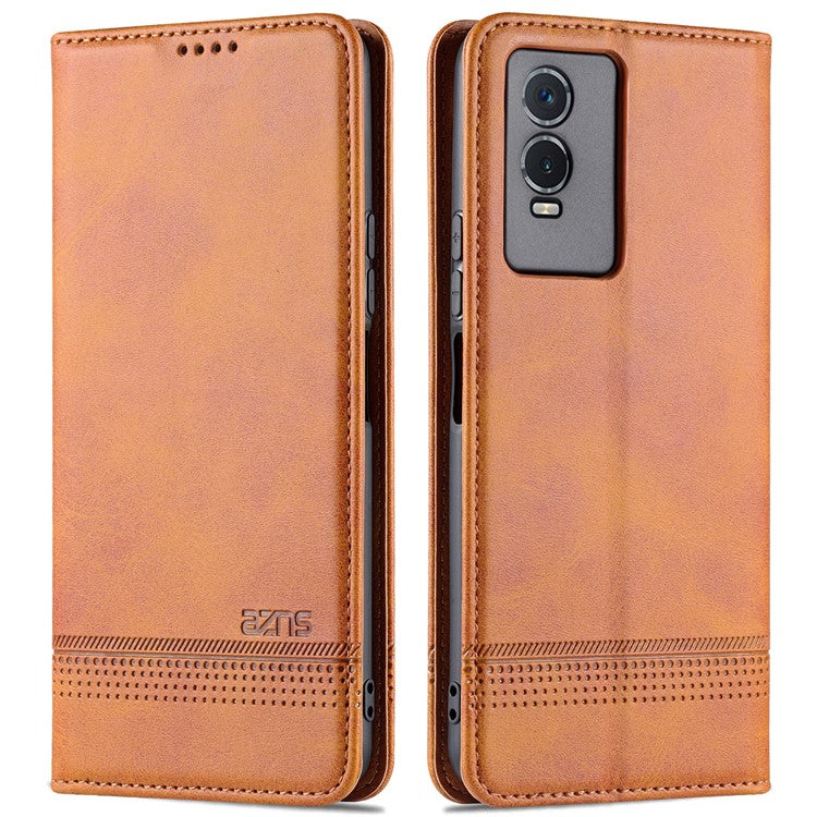 AZNS Auto-absorbed Magnetic Leather Phone for vivo Y74s/Y76s, Folio Flip Wallet Stand Protective Shell - Brown