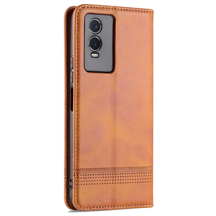 AZNS Auto-absorbed Magnetic Leather Phone for vivo Y74s/Y76s, Folio Flip Wallet Stand Protective Shell - Brown