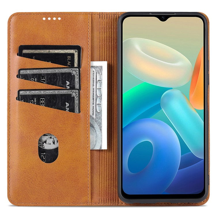 AZNS Auto-absorbed Magnetic Leather Phone for vivo Y74s/Y76s, Folio Flip Wallet Stand Protective Shell - Brown