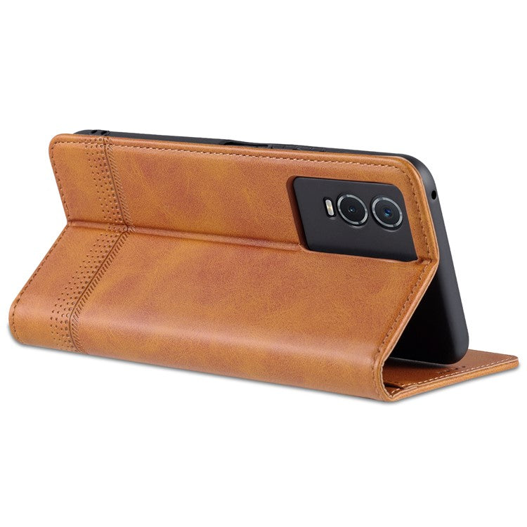 AZNS Auto-absorbed Magnetic Leather Phone for vivo Y74s/Y76s, Folio Flip Wallet Stand Protective Shell - Brown