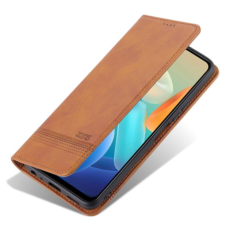 AZNS Auto-absorbed Magnetic Leather Phone for vivo Y74s/Y76s, Folio Flip Wallet Stand Protective Shell - Brown