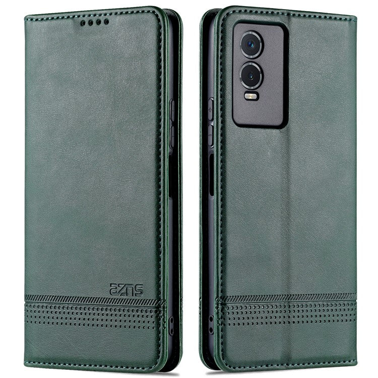 AZNS Auto-absorbed Magnetic Leather Phone for vivo Y74s/Y76s, Folio Flip Wallet Stand Protective Shell - Blackish Green