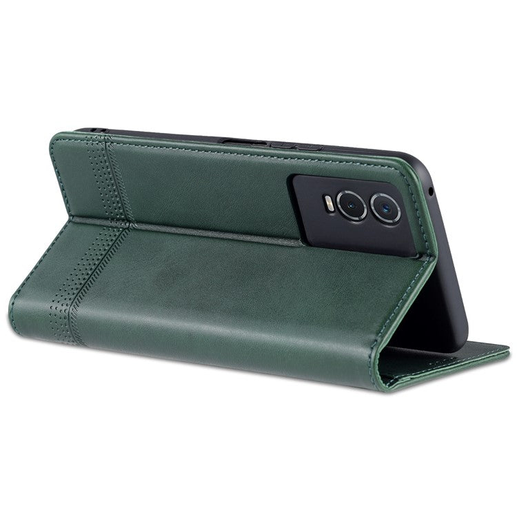 AZNS Auto-absorbed Magnetic Leather Phone for vivo Y74s/Y76s, Folio Flip Wallet Stand Protective Shell - Blackish Green