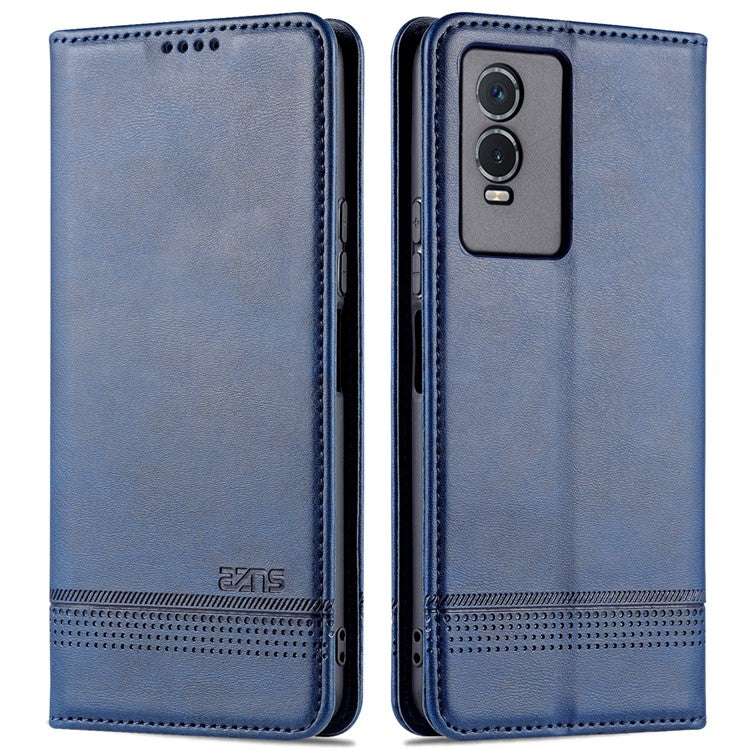 AZNS Auto-absorbed Magnetic Leather Phone for vivo Y74s/Y76s, Folio Flip Wallet Stand Protective Shell - Dark Blue