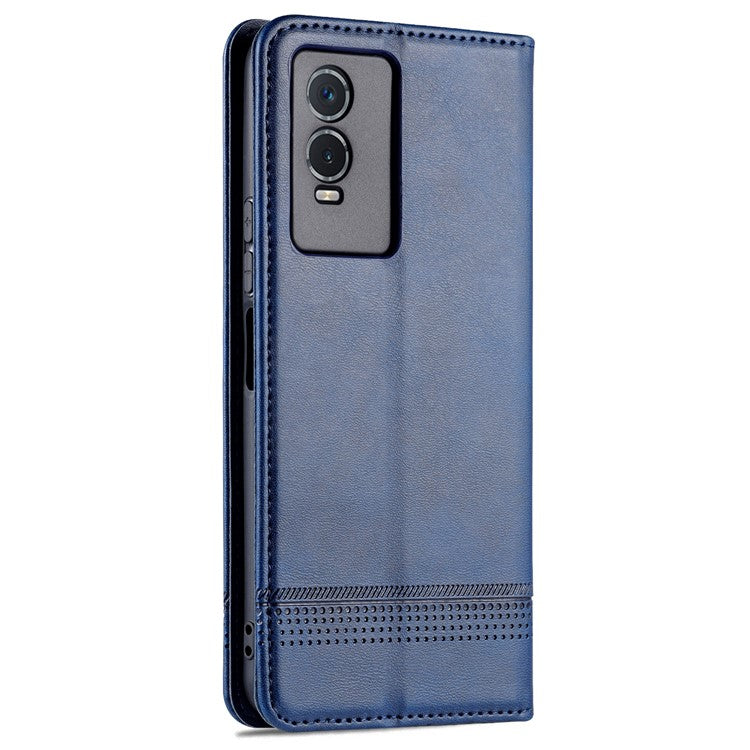 AZNS Auto-absorbed Magnetic Leather Phone for vivo Y74s/Y76s, Folio Flip Wallet Stand Protective Shell - Dark Blue