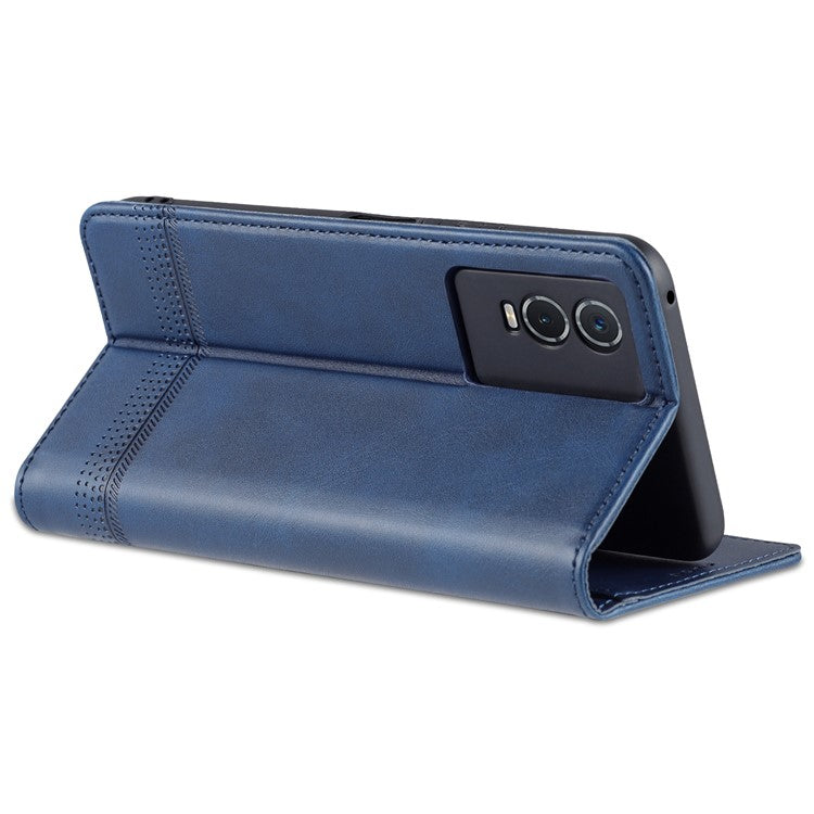 AZNS Auto-absorbed Magnetic Leather Phone for vivo Y74s/Y76s, Folio Flip Wallet Stand Protective Shell - Dark Blue