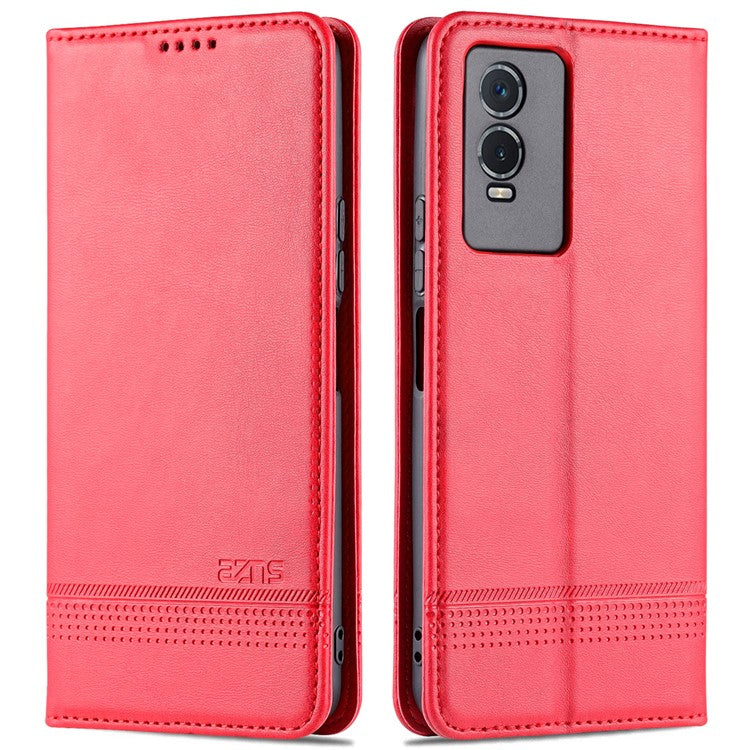 AZNS Auto-absorbed Magnetic Leather Phone for vivo Y74s/Y76s, Folio Flip Wallet Stand Protective Shell - Red