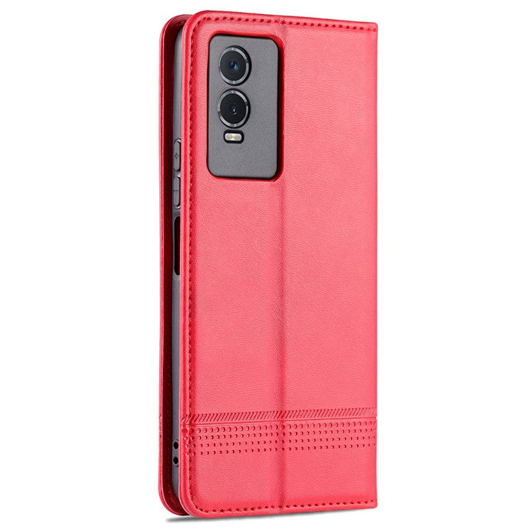 AZNS Auto-absorbed Magnetic Leather Phone for vivo Y74s/Y76s, Folio Flip Wallet Stand Protective Shell - Red