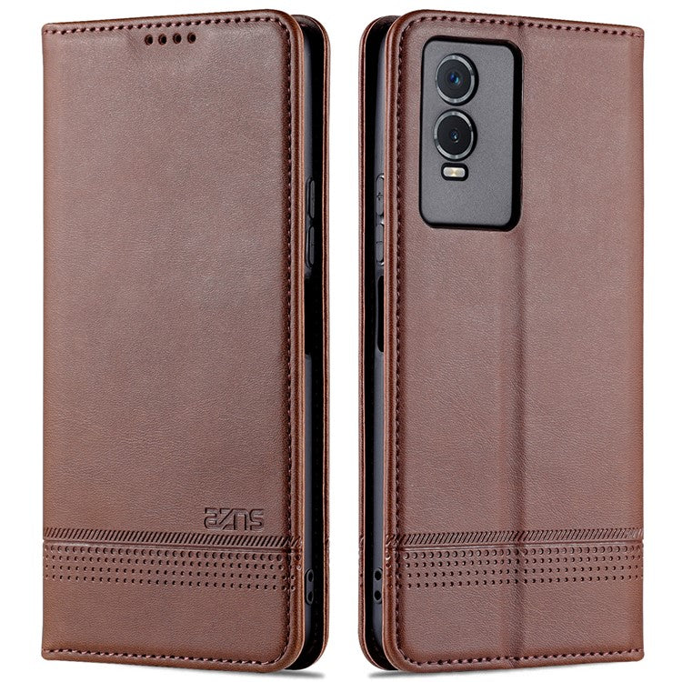 AZNS Auto-absorbed Magnetic Leather Phone for vivo Y74s/Y76s, Folio Flip Wallet Stand Protective Shell - Coffee