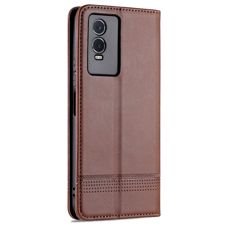 AZNS Auto-absorbed Magnetic Leather Phone for vivo Y74s/Y76s, Folio Flip Wallet Stand Protective Shell - Coffee