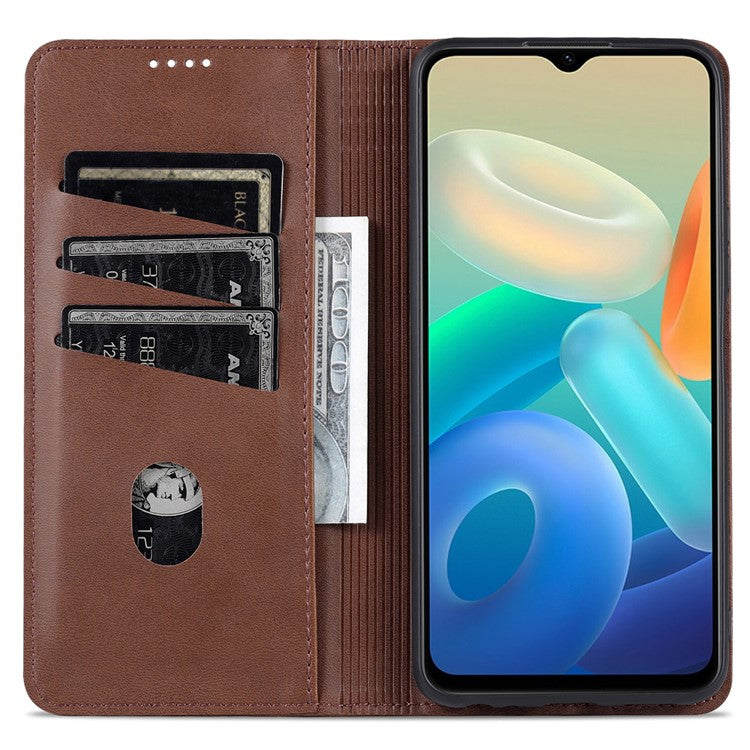 AZNS Auto-absorbed Magnetic Leather Phone for vivo Y74s/Y76s, Folio Flip Wallet Stand Protective Shell - Coffee