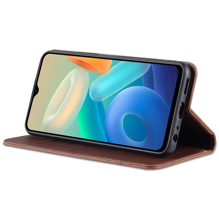 AZNS Auto-absorbed Magnetic Leather Phone for vivo Y74s/Y76s, Folio Flip Wallet Stand Protective Shell - Coffee