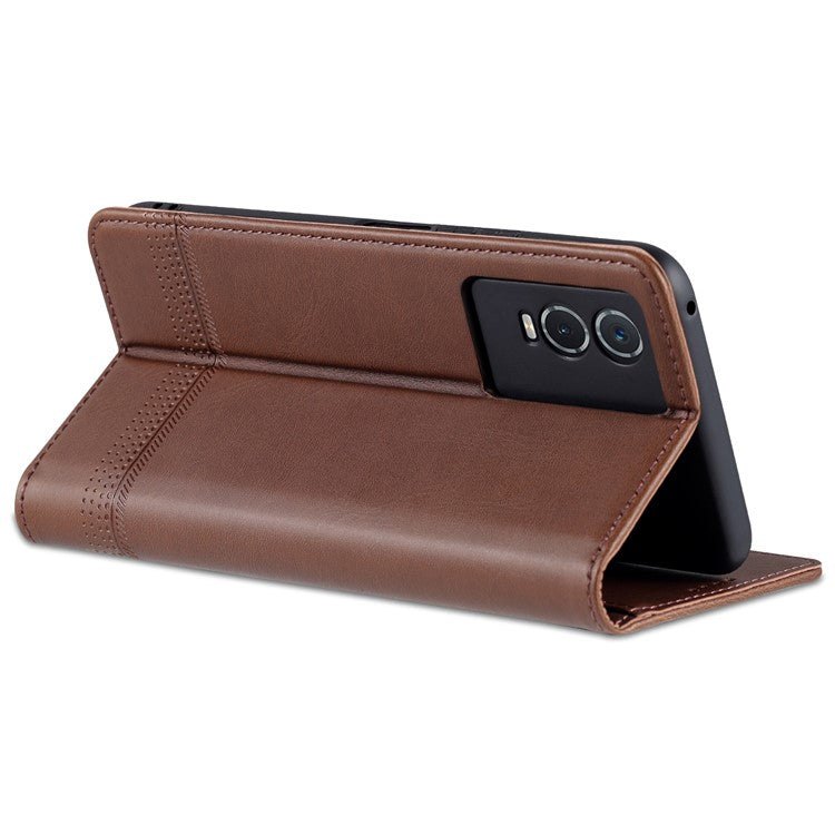 AZNS Auto-absorbed Magnetic Leather Phone for vivo Y74s/Y76s, Folio Flip Wallet Stand Protective Shell - Coffee