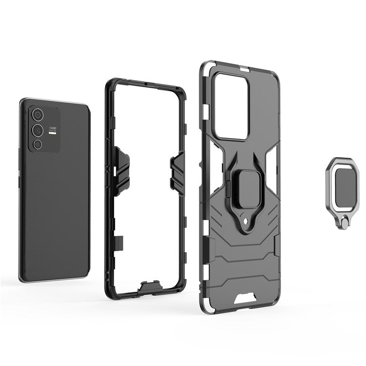 For vivo S12 Pro Flexible TPU +Hard PC Scratch Resistant Protective Phone Case Cover with Ring Kickstand - Black