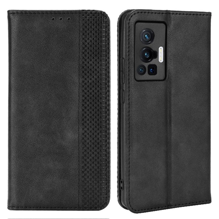 For vivo X70 Pro Retro Style PU Leather Attached Soft TPU Imprinted Mosaic Case Stand Hidden Magnetic Adsorption Shockproof Flip Wallet Cover - Black