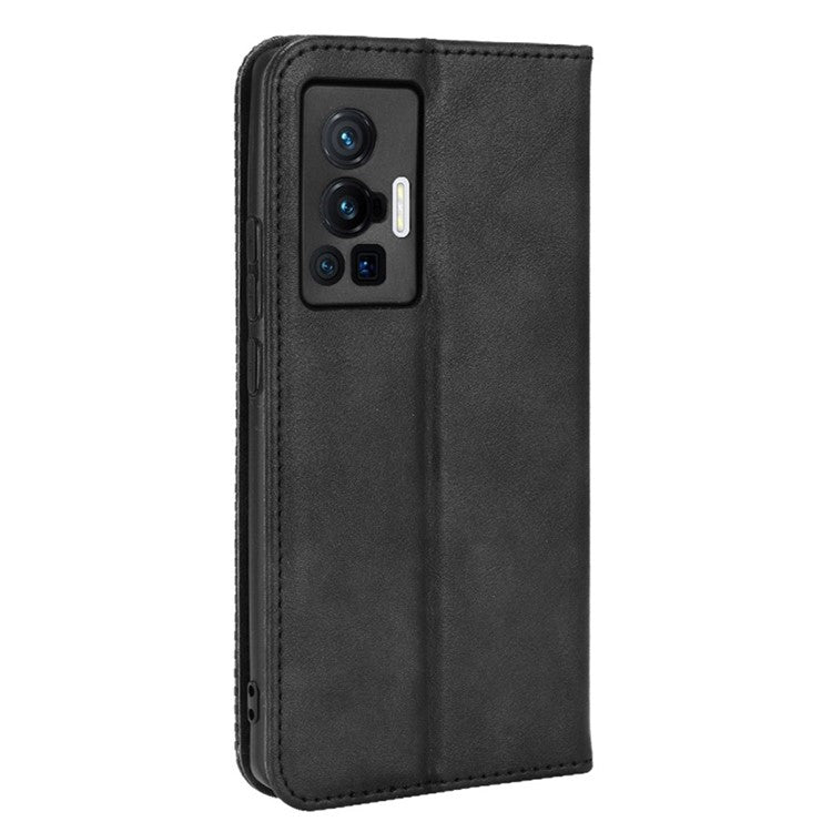 For vivo X70 Pro Retro Style PU Leather Attached Soft TPU Imprinted Mosaic Case Stand Hidden Magnetic Adsorption Shockproof Flip Wallet Cover - Black