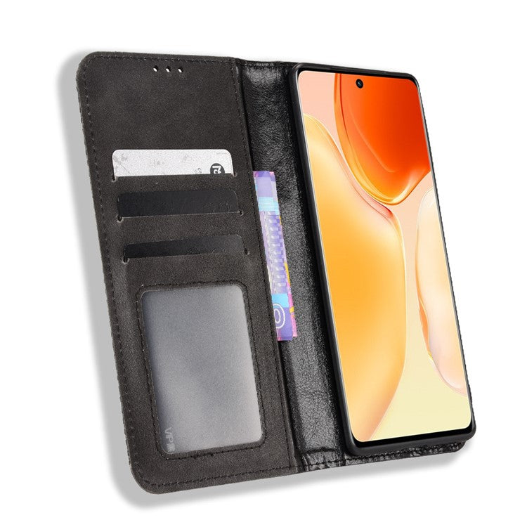 For vivo X70 Pro Retro Style PU Leather Attached Soft TPU Imprinted Mosaic Case Stand Hidden Magnetic Adsorption Shockproof Flip Wallet Cover - Black