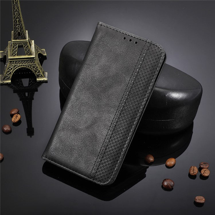 For vivo X70 Pro Retro Style PU Leather Attached Soft TPU Imprinted Mosaic Case Stand Hidden Magnetic Adsorption Shockproof Flip Wallet Cover - Black