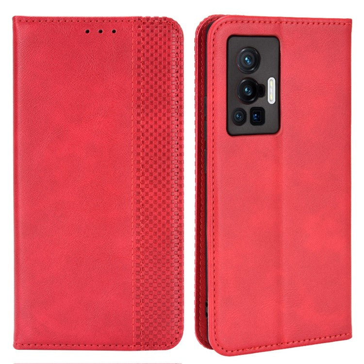 For vivo X70 Pro Retro Style PU Leather Attached Soft TPU Imprinted Mosaic Case Stand Hidden Magnetic Adsorption Shockproof Flip Wallet Cover - Red