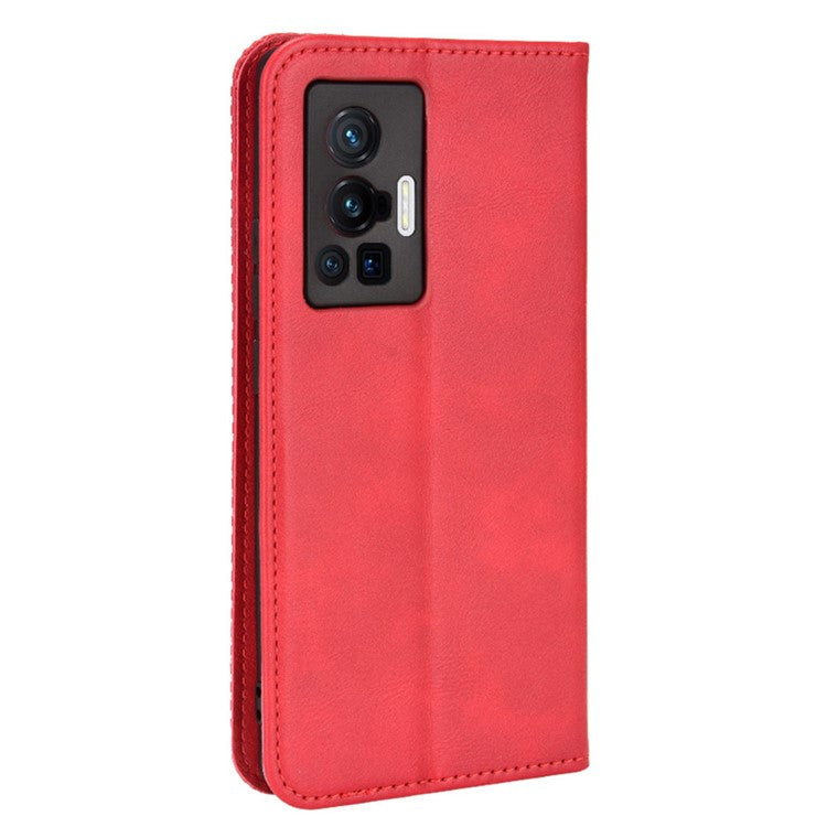 For vivo X70 Pro Retro Style PU Leather Attached Soft TPU Imprinted Mosaic Case Stand Hidden Magnetic Adsorption Shockproof Flip Wallet Cover - Red