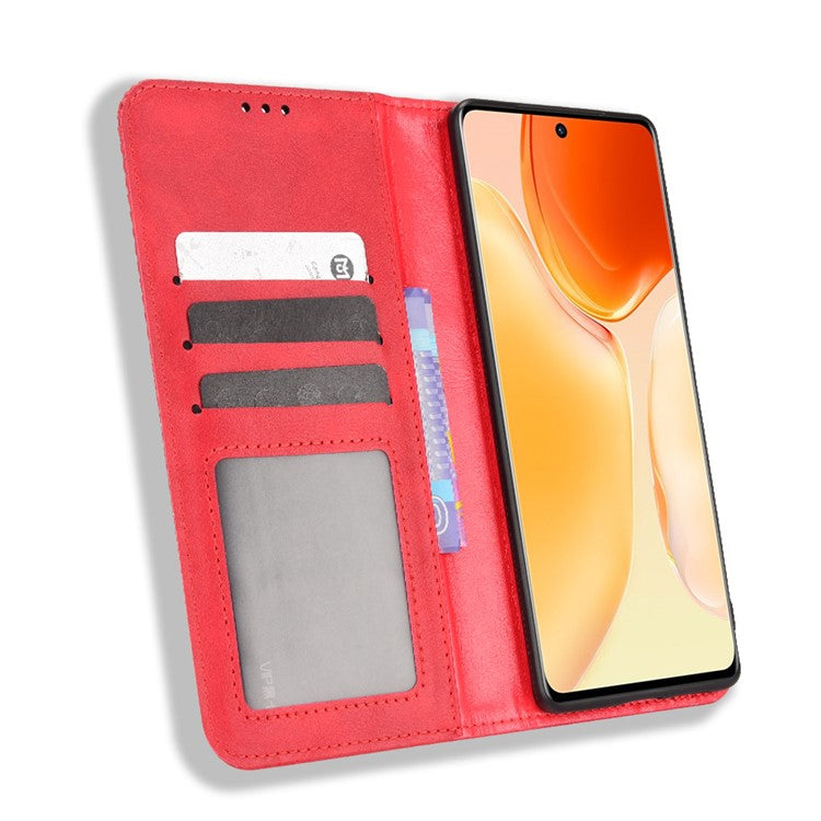 For vivo X70 Pro Retro Style PU Leather Attached Soft TPU Imprinted Mosaic Case Stand Hidden Magnetic Adsorption Shockproof Flip Wallet Cover - Red