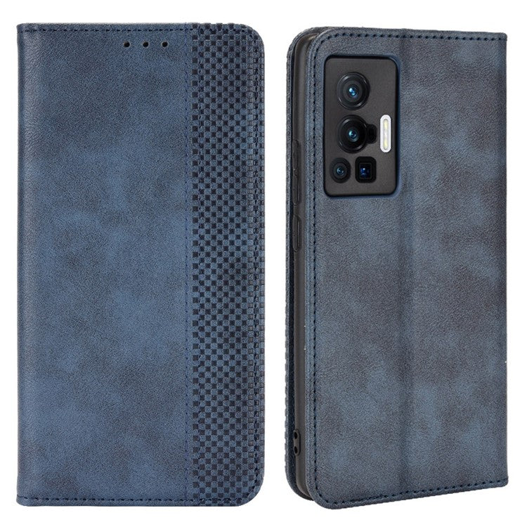 For vivo X70 Pro Retro Style PU Leather Attached Soft TPU Imprinted Mosaic Case Stand Hidden Magnetic Adsorption Shockproof Flip Wallet Cover - Blue