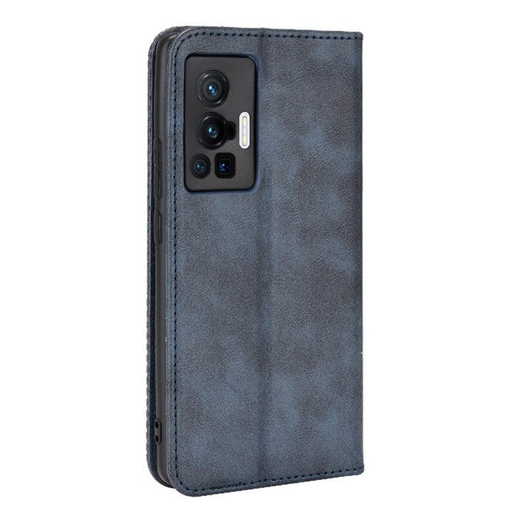 For vivo X70 Pro Retro Style PU Leather Attached Soft TPU Imprinted Mosaic Case Stand Hidden Magnetic Adsorption Shockproof Flip Wallet Cover - Blue