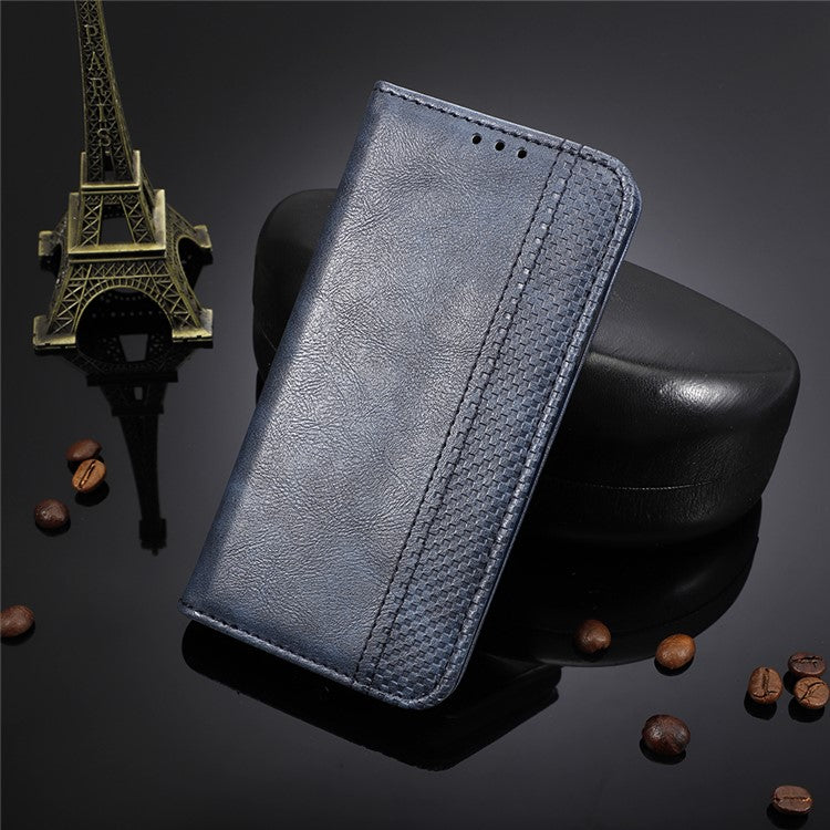 For vivo X70 Pro Retro Style PU Leather Attached Soft TPU Imprinted Mosaic Case Stand Hidden Magnetic Adsorption Shockproof Flip Wallet Cover - Blue