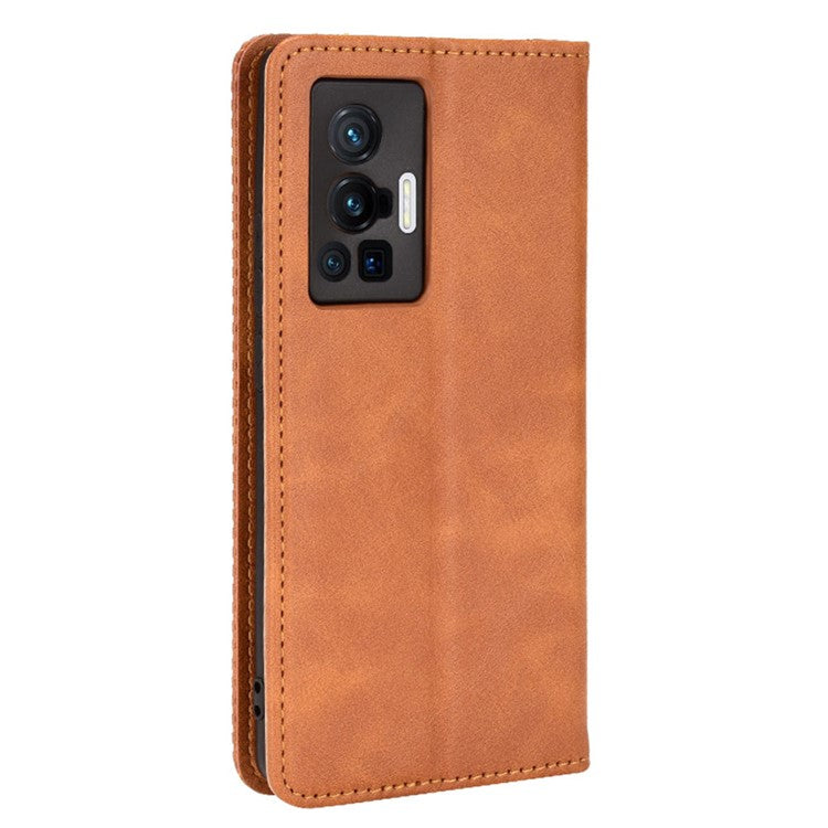 For vivo X70 Pro Retro Style PU Leather Attached Soft TPU Imprinted Mosaic Case Stand Hidden Magnetic Adsorption Shockproof Flip Wallet Cover - Brown