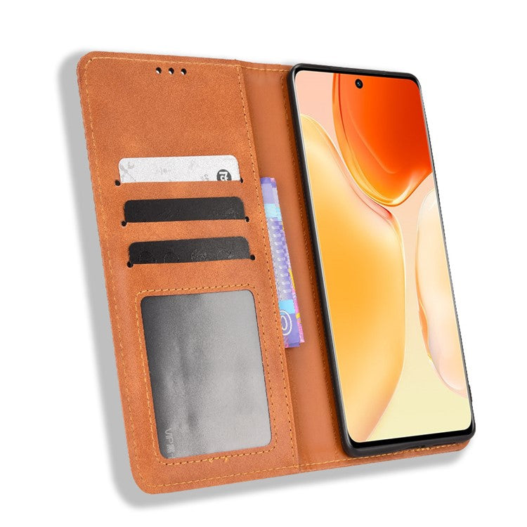 For vivo X70 Pro Retro Style PU Leather Attached Soft TPU Imprinted Mosaic Case Stand Hidden Magnetic Adsorption Shockproof Flip Wallet Cover - Brown