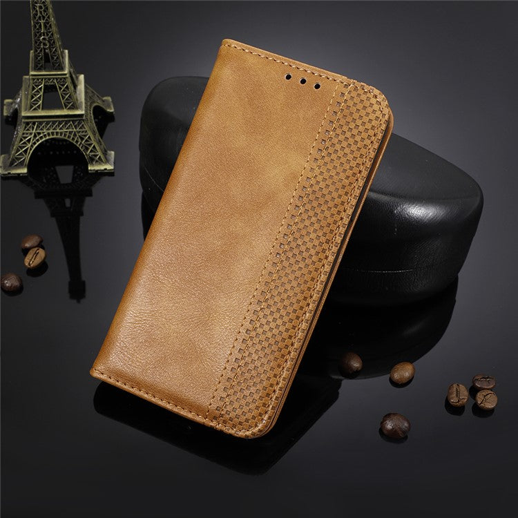 For vivo X70 Pro Retro Style PU Leather Attached Soft TPU Imprinted Mosaic Case Stand Hidden Magnetic Adsorption Shockproof Flip Wallet Cover - Brown