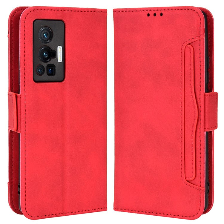 For vivo X70 Pro PU Leather Case Card Holder Slots Cash Pocket Stand Book TPU Flip Folio Phone Cover - Red