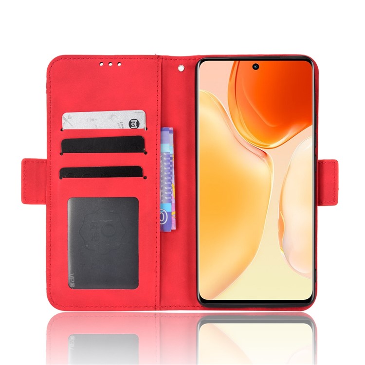 For vivo X70 Pro PU Leather Case Card Holder Slots Cash Pocket Stand Book TPU Flip Folio Phone Cover - Red