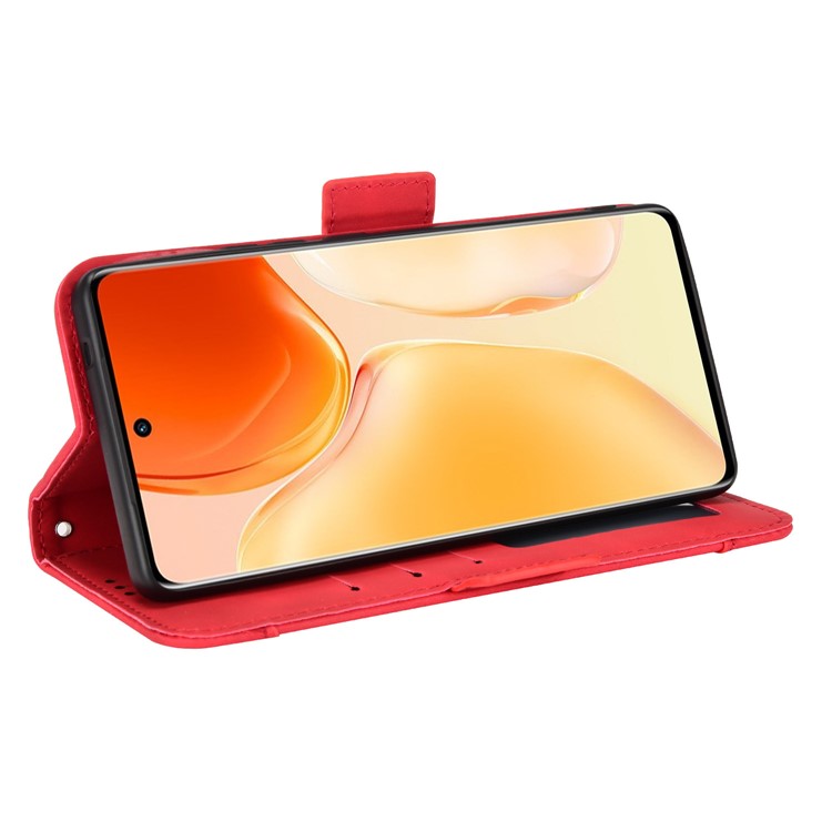 For vivo X70 Pro PU Leather Case Card Holder Slots Cash Pocket Stand Book TPU Flip Folio Phone Cover - Red