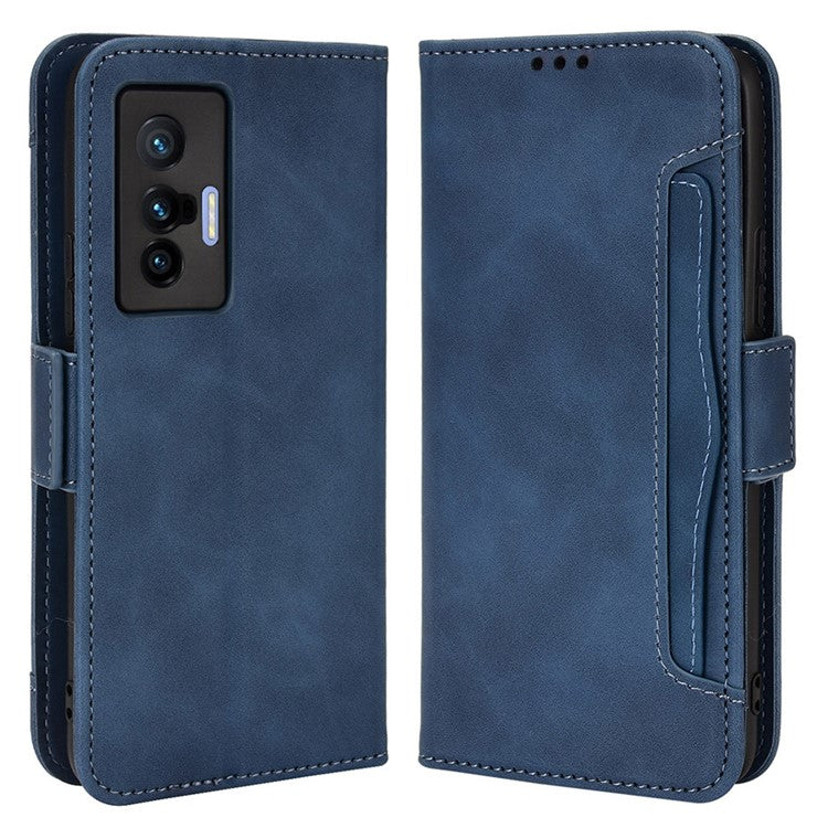 PU Leather Wallet Phone Case for vivo X70, Stand Magnetic Card Slots Holder TPU Bumper Folio Protective Cover - Blue